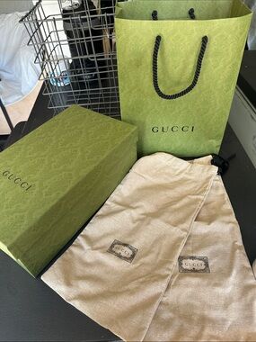 Gucci Olive Green Paisley Gift Bag, Box & Beige Dust Bags